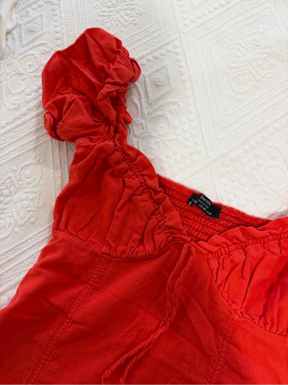 Bershka Red Ruched Puff-Sleeve Mini Dress - Picture 3 of 6